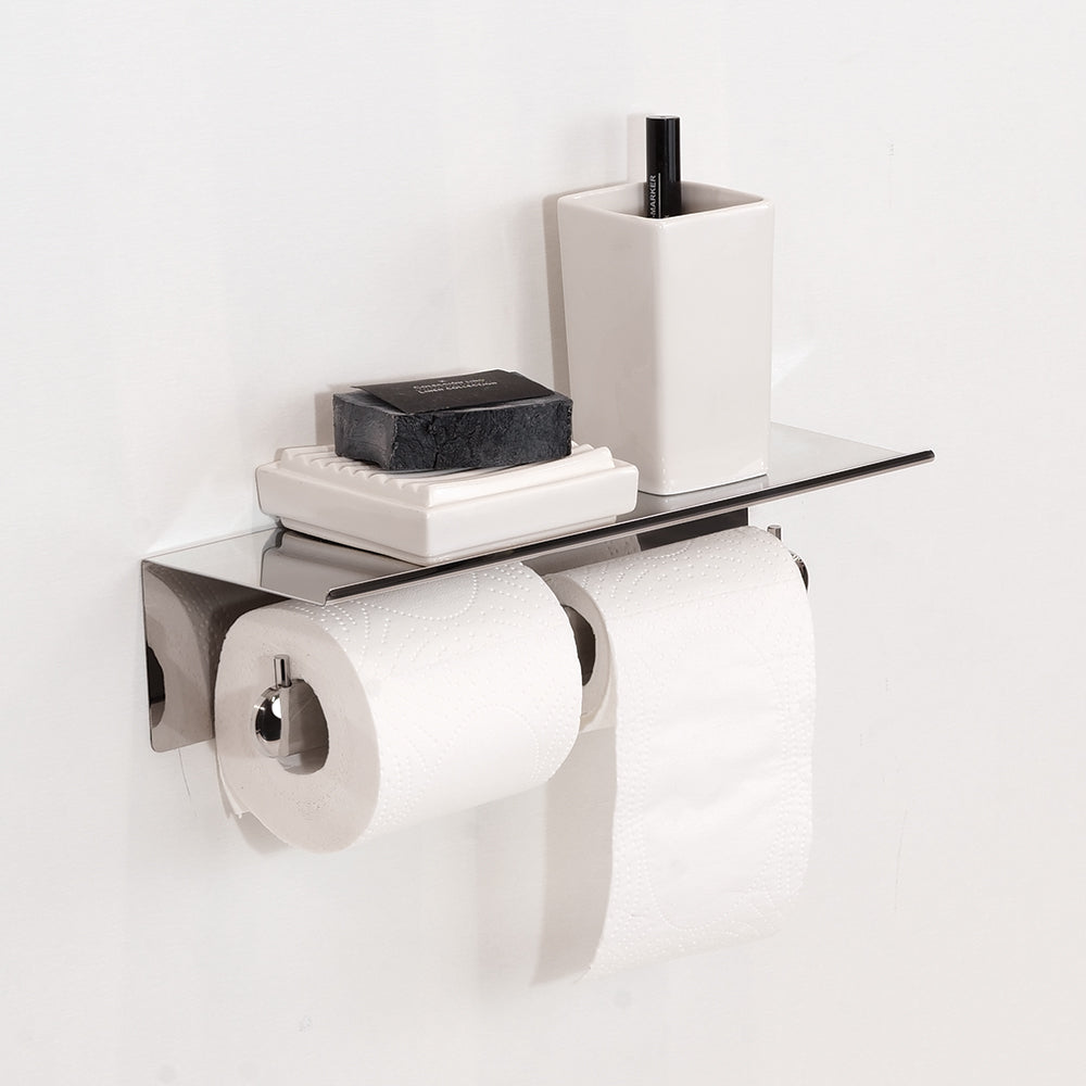 Double Toilet Roll Holder with Shelf – Corona – Polished Stainless Steel