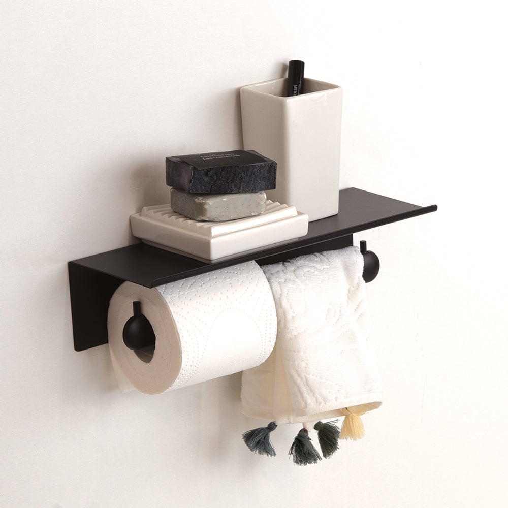 Double Toilet Roll Holder with Shelf – Corona – Matt Black