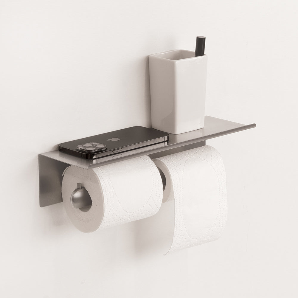 Double Toilet Roll Holder with Shelf – Corona – Brushed Stainless Steel