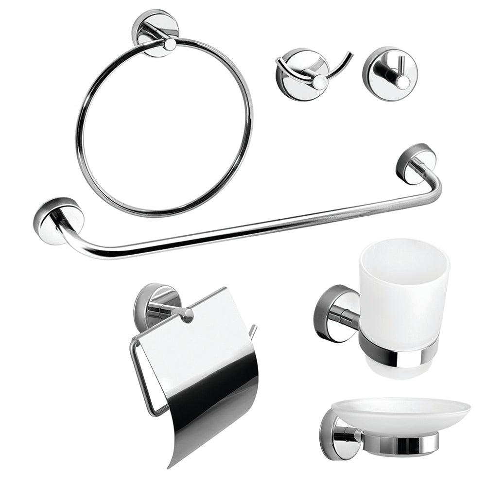 6-Piece Bathroom Set + Gift Hook – MODERNO – Polished Stainless Steel
