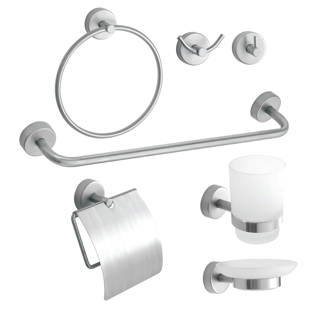 6-Piece Bathroom Set + Gift Hook – MODERNO – Brushed Stainless Steel