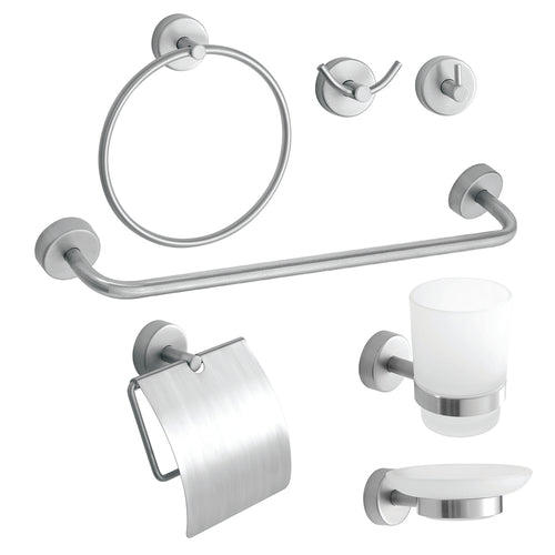 6-Piece Bathroom Set + Gift Hook – MODERNO – Brushed Stainless Steel