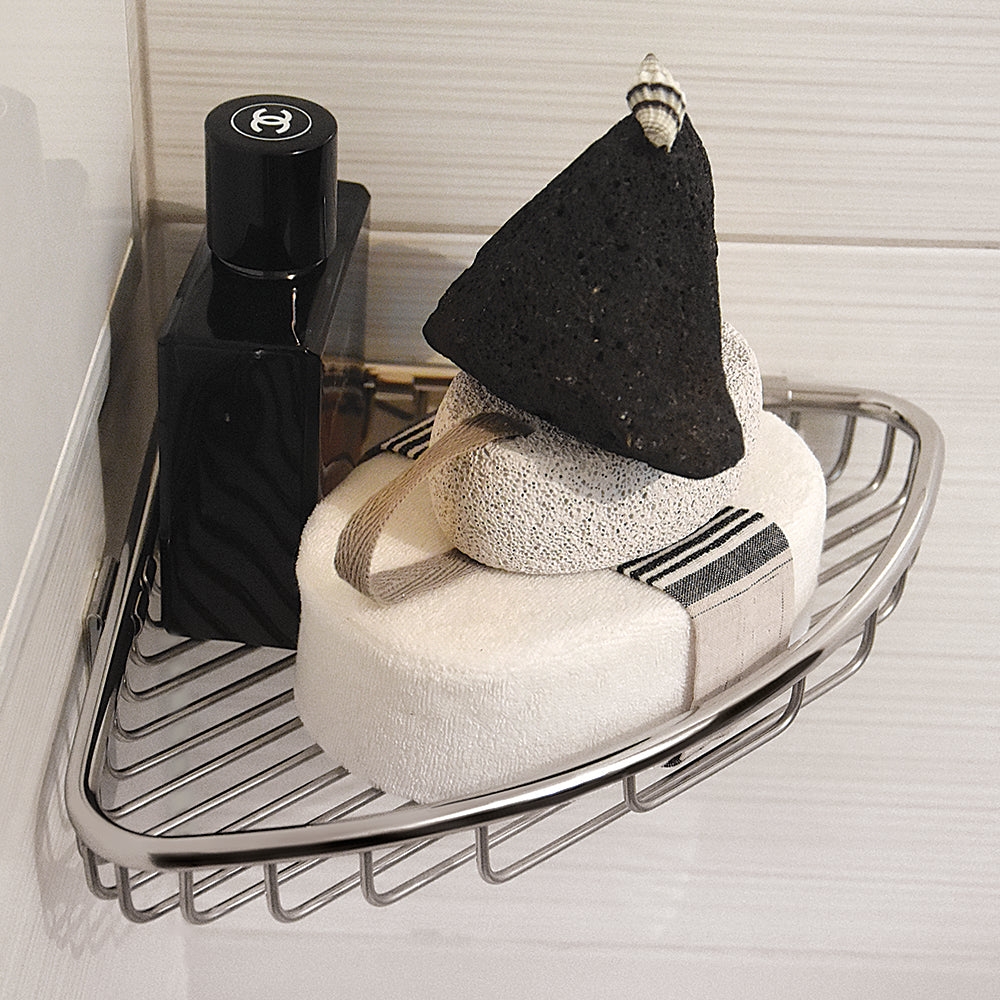 Shallow Corner Basket – NETS – Polished Stainless Steel — interior view