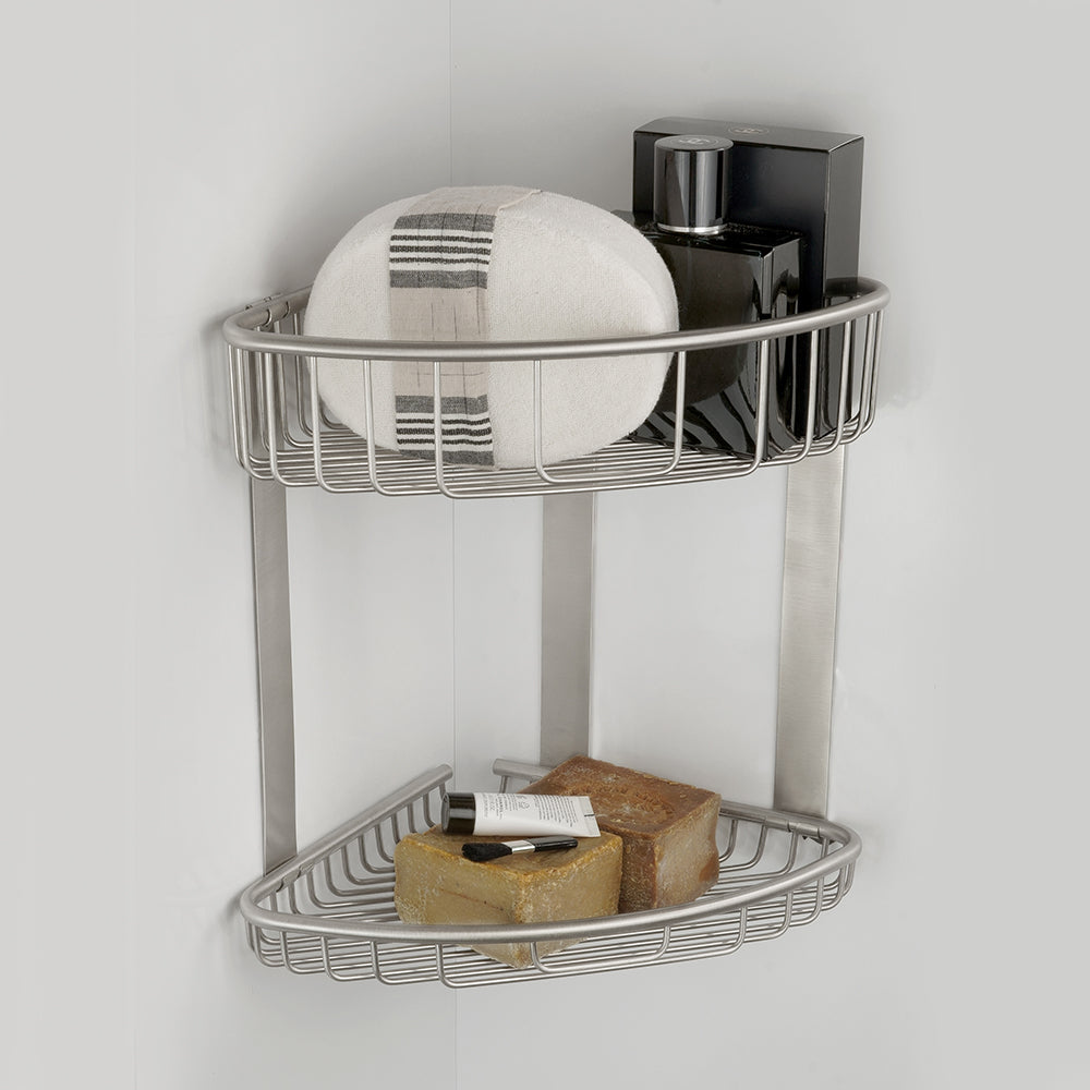 Two-Tier Mixed Corner Basket – NETS – Brushed Stainless Steel — interior view