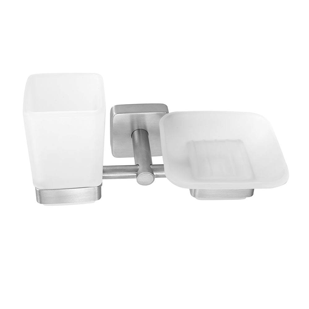 Glass Tumbler and Soap Dish Holder – QUATTRO – Brushed Stainless Steel